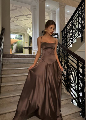 Simple Brown Spaghetti Straps A Line Prom Dress Party Dress HZ1023